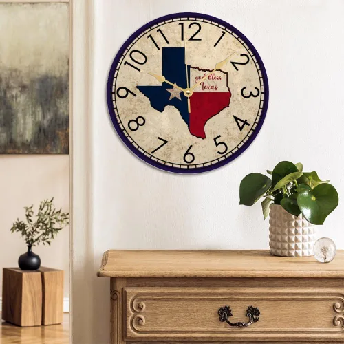 Vista 3 de God Bless Texas - Reloj de pared de madera rústico toscano con pilas, silencioso, sin tictac, relojes de pared con números, relojes de pared