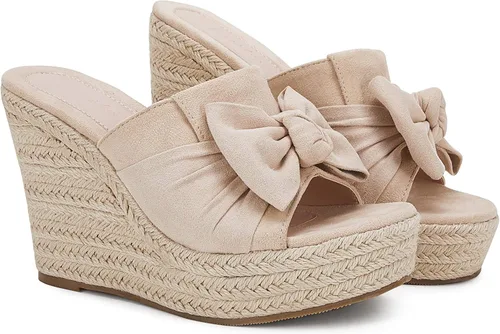 Vista 4 de PiePieBuy Alpargatas de plataforma para mujer, sandalias de cuña con lazo y puntera abierta