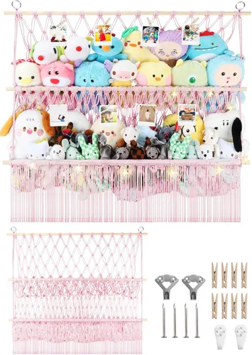 Vista 10 de Red de almacenamiento de animales de peluche de 2 niveles, 17 x 32 pulgadas, organizador grande de animales de peluche para pequeños rellenos