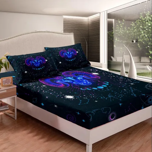 Vista 4 de Erosebridal Aries - Juego de sábanas tamaño individual de nebulosa hippie y astrología del zodiaco psicodélico, juego de sábanas psicodélico