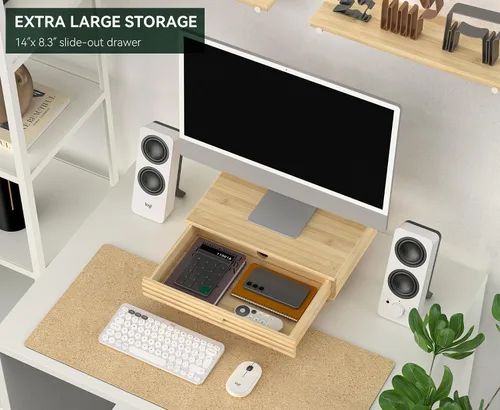 Vista 2 de Soporte de bambú para monitor con cajón, organizador de escritorio con organización y almacenamiento de cables, elevador ergonómico para laptop