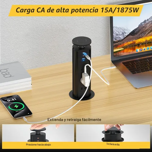 Vista 6 de Kungfuking Toma de corriente desplegable para encimera, enchufe con 3 salidas de CA y 2 PD 20 W USB-C y 1 puerto USB, oficina de conferencias