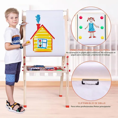 Vista 6 de Ragstone Caballete para niños con papel de tamaño doble, pizarra de tiza y pizarra negra