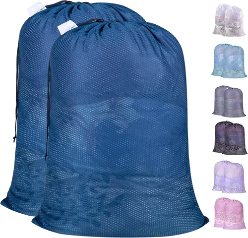 Vista 19 de Polecasa Bolsas de lavandería grandes de malla de diamante extra resistentes con cierre de cordón y etiqueta de identificación, bolsa