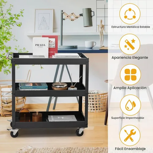 Vista 4 de Goplus Carrito utilitario de 3 niveles, carrito de herramientas de servicio comercial resistente con ruedas bloqueables, capacidad de carga de 330
