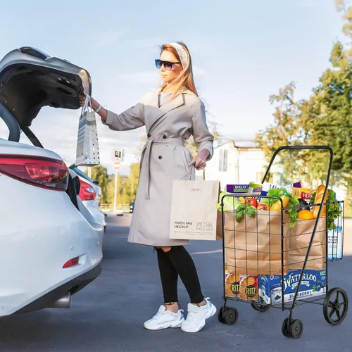 Vista 3 de Goplus Carrito de compras plegable jumbo con ruedas giratorias, carrito de compras plegable sobre ruedas con doble cesta, carrito de utilidad