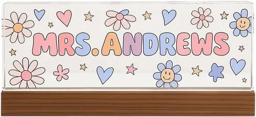 Vista 10 de Placa de nombre personalizada para escritorio para profesores, placa de nombre de acrílico personalizada para maestros con base de madera, letrero