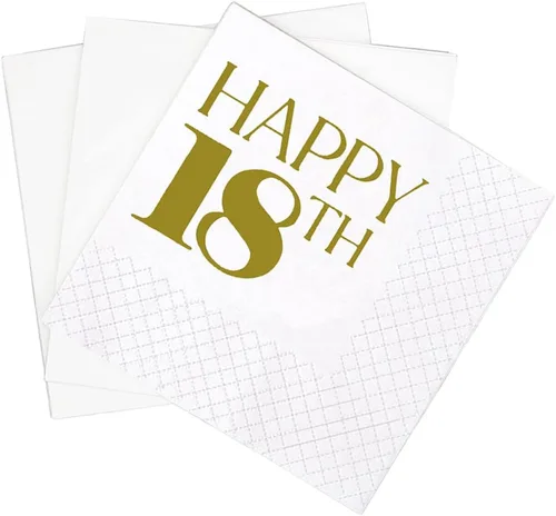 Vista 3 de SharkBliss Servilletas de cóctel de cumpleaños número 18, paquete de 100 servilletas de papel desechables doradas para bebidas de papel