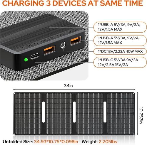 Vista 9 de Estación de energía portátil con panel solar plegable de 40W, generador de energía solar de 100W con paneles, toma de corriente de 110V AC, banco