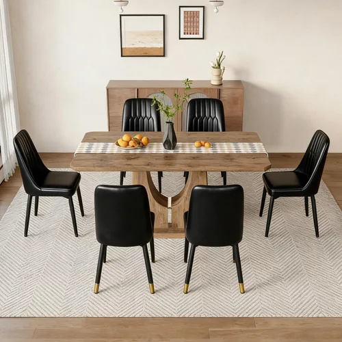 Vista 3 de Moderno juego de mesa de comedor para 6, mesa de cocina de madera con sillas de cuero, juego de mesa de comedor de 7 piezas con parte superior