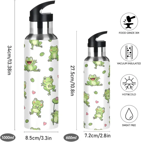 Vista 2 de Cute Cartoon Frogs White Stainless Steel Vacuum Insulated Water Bottle 32 Oz, BPA-Free Sport Water Bottle Leakproof Water Bottles
