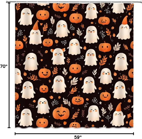 Vista 5 de Cortina de ducha de fantasma de Halloween, diseño de calabaza espeluznante, hojas retro, divertida tela de dibujos animados para decoración de baño