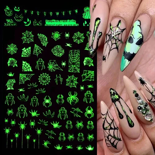 Vista 2 de Calcomanías de uñas de Halloween, que brillan en la oscuridad, calcomanías de uñas luminosas 3D, autoadhesivas, calabaza, calavera, murciélago