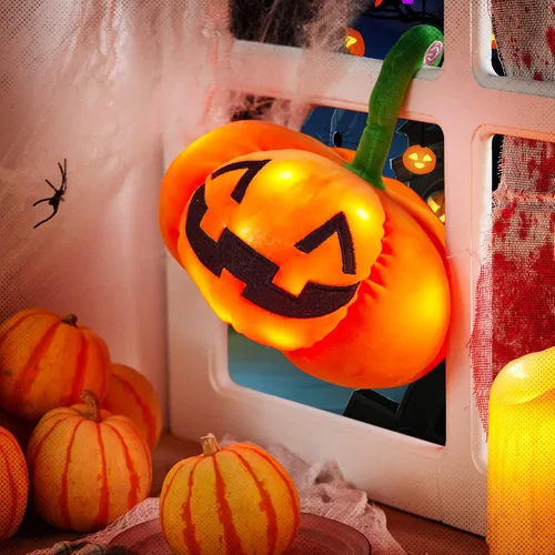 Vista 2 de Peluche de calabaza de Halloween con luz LED brillante, luz nocturna esponjosa, suave, fantasma Jack O Lantern, juguete de peluche, regalos