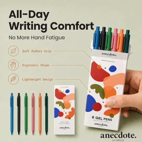 Vista 5 de ANECDOTE. Journaling Pens Set (6 Pack) Black Ink Planner Pens, Fine Point Pens (0.5mm) Cute Journal Accessories, Retractable Gel Pen Set, Smooth