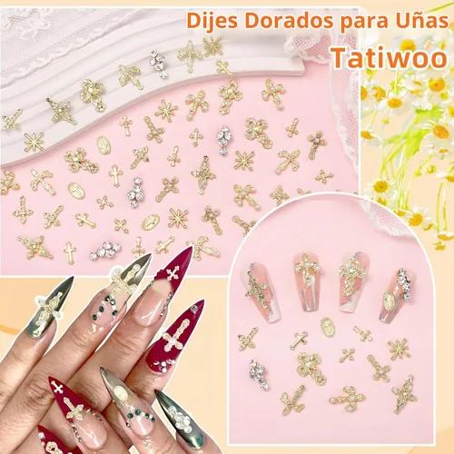 Vista 5 de 60 dijes dorados para uñas Coss, 12 estilos, 3D, cruz y estrella, para uñas Set-3