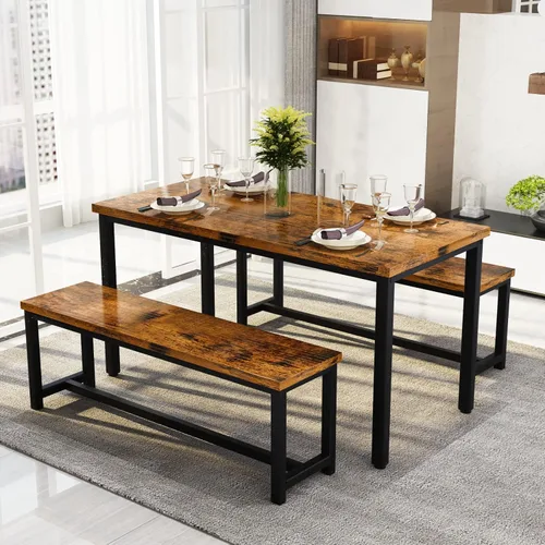 Vista 12 de Recaceik Juego de mesa de comedor con banco, juego de muebles de comedor de 3 piezas, juego de mesa de cocina, estructura resistente, comedor que