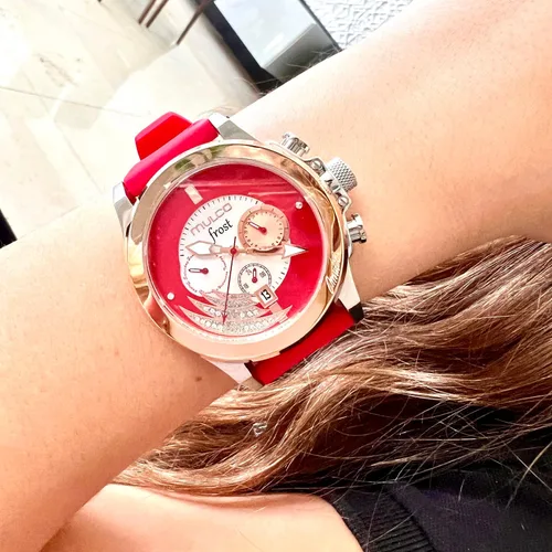 Vista 3 de MULCO Ilusion - Juego de reloj para mujer, pulsera de oro rosa, correa de silicona impermeable de acero inoxidable, Escarcha (rojo), Moderno