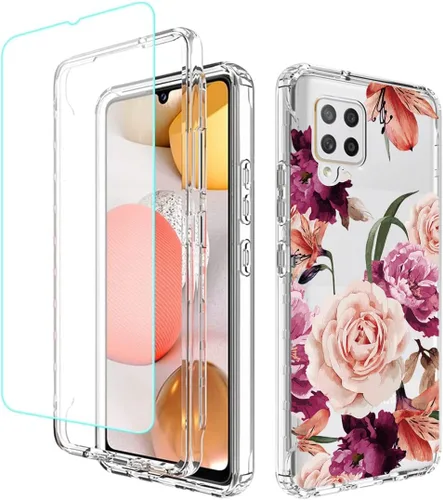Vista 8 de Funda para Galaxy A42 5G/M42 5G SM-A426 con protector de pantalla de vidrio templado, cuerpo completo, diseño floral, a prueba de golpes, funda