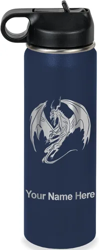 Vista 49 de LaserGram Botella de agua con tapa abatible de doble pared de 12 onzas con pajilla, dragón, grabado personalizado incluido (negro)