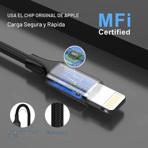 Vista 4 de Cargador rápido MFi Dual USB 4.8A con 2 cables Lightning de 3 pies