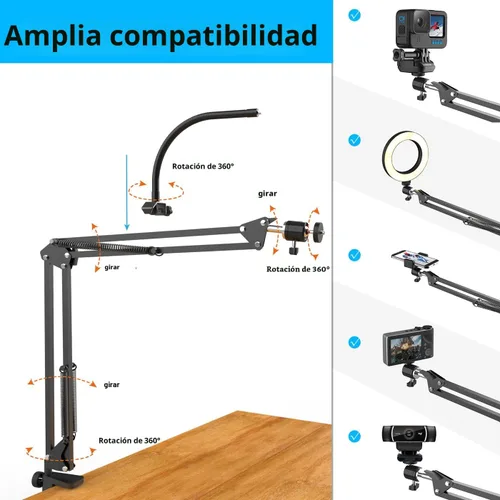 Vista 5 de Soporte de cámara superior con anillo de luz, brazo flexible articulado para teléfono compatible con iPhone, webcam Logitech, trípode de escritorio