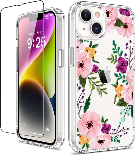 Vista 23 de Funda para iPhone 14 Pro con protector de pantalla, 6.1 pulgadas, transparente de cuerpo completo, a prueba de golpes, diseño floral, para niñas
