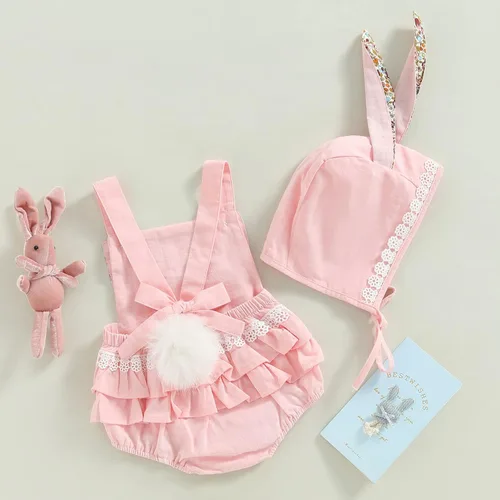 Vista 4 de Traje de Pascua para bebé niña, overol vintage y orejas de conejo, vestido de hermana con cola