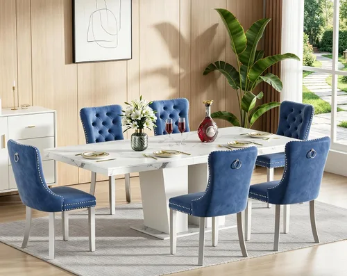 Vista 18 de Juego de mesa de comedor extensible de 5 piezas con 4 sillas de tela, mesa extensible marrón con base negra, juego moderno de comedor de madera