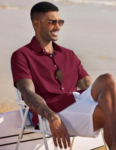 Vista 4 de COOFANDY Camisa casual de manga corta con botones para hombre, de verano, algodón, lino, para playa