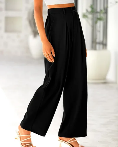 Vista 3 de BTFBM Pantalones largos tipo palazzo de cintura alta para mujer, de pierna ancha, con botones, holgados, para negocios, trabajo, oficina