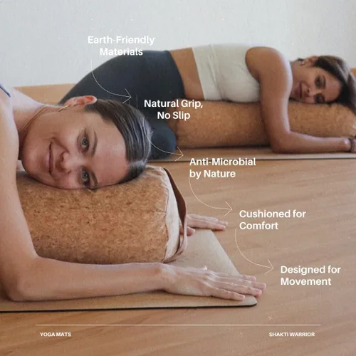 Vista 9 de Shakti Warrior Tapete de yoga de corcho, diseñado por artistas, tapete antideslizante ecológico de alta calidad, ideal para yoga regular y caliente