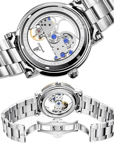 Vista 5 de Gute Relojes para hombre, mecánico automático automático, impermeable, transparente, transparente, transparente, steampunk, números romanos, caja
