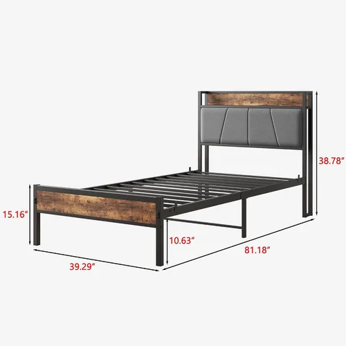 Vista 2 de Anwick Cama individual de metal, base de cama industrial tamaño individual con cabecera y 2 puertos USB, base de colchón resistente