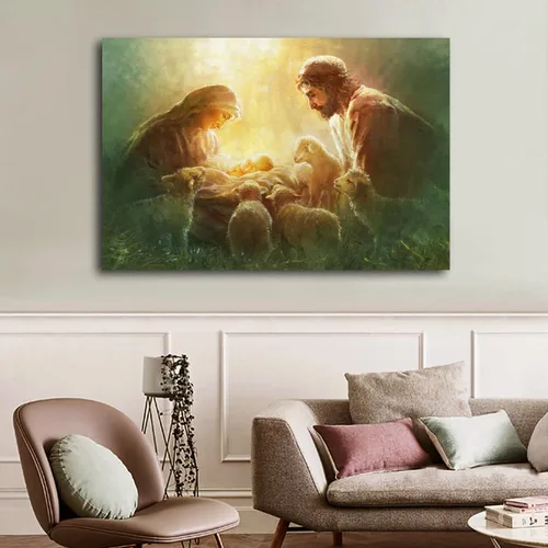 Vista 7 de FUZ María y José mirando al recién nacido Jesús Póster artístico en lienzo y arte para pared, impresión moderna, para dormitorio familiar, pósteres