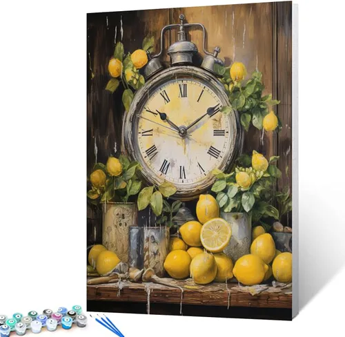 Vista 2 de Reloj de cocina de granja con limones, pintura al óleo por números, kit de pintura por números, lienzo de 16 x 20 pulgadas, pintura rústica, pintura