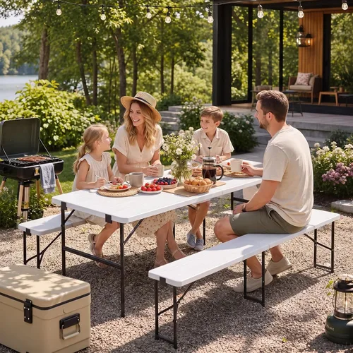 Vista 2 de DWVO Mesa de picnic plegable de 6 pies con bancos, juego de mesa de picnic Blanco