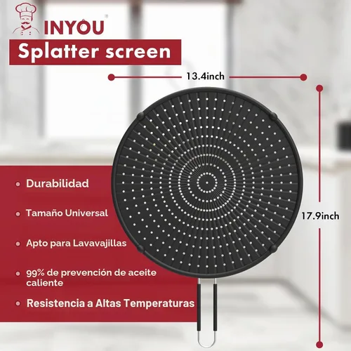 Vista 2 de INYOU Rejilla de silicona para salpicaduras para sartén adecuada para sartenes de 13", protector contra salpicaduras de grasa multiusos resistente