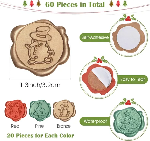 Vista 2 de 60 Pieces Christmas Wax Seal Stickers Vintage Envelope Seal Stickers Self Adhesive Wax Seals for Invitations Present Packing Greeting Cards Party