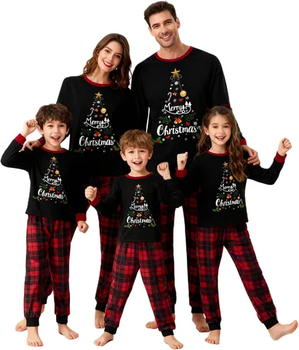 Vista 11 de Awoscut - Conjunto de pijamas navideños a juego, con estampado en la parte superior y pantalones a cuadros #B-7
