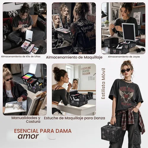 Vista 8 de Joligrace Estuche de maquillaje Organizador Caja de maquillaje Estuche de Rojo Negro