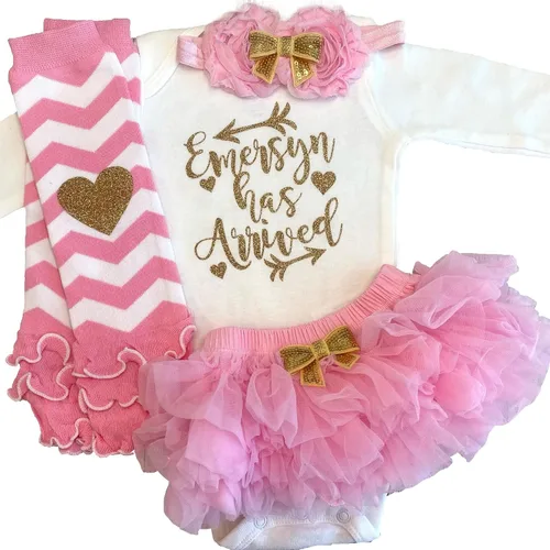 Vista 10 de Personalized Baby Girl Has Arrived Bodysuit Gold Glitter Design Add Any Name Optional Accessories