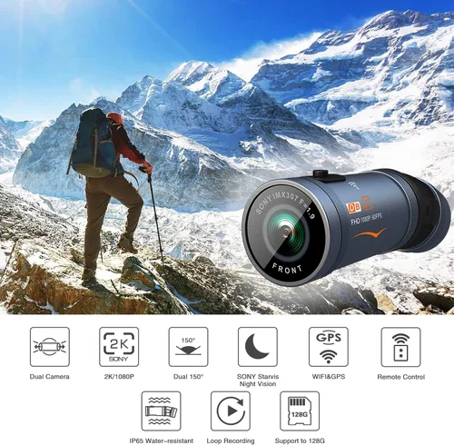 Vista 5 de LKT Cámara de salpicadero de motocicleta delantera y trasera con GPS y WiFi, casco de doble cámara y grabadora de bicicletas con sensor Sony Starvis