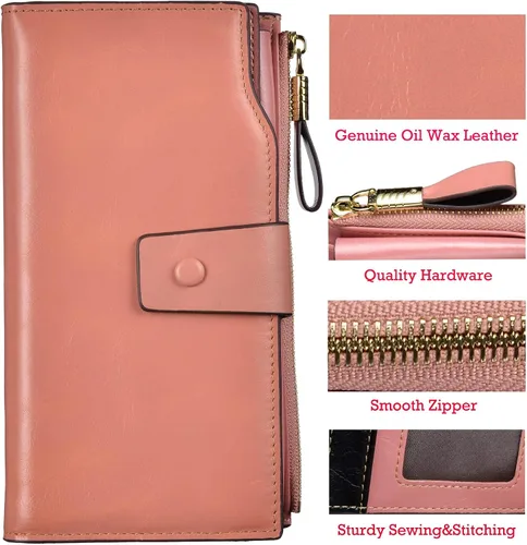 Vista 5 de woogwin Cartera de embrague de cuero genuino de lujo de gran capacidad RFID para mujer, Cera rosa