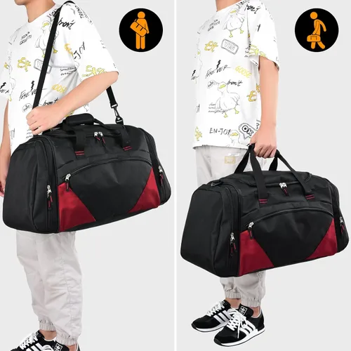 Vista 7 de Bolsa de gimnasio para hombre, 21 pulgadas, grande, para viajes y deportes, negro rojo, Bolsa de gimnasio para hombre