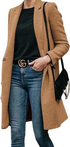 Vista 5 de Yousify Women's 2023 Winter Pea Coats Casual Lapel Notched Mid Length Single-Breasted Wool Blend Trench Coat Jackets