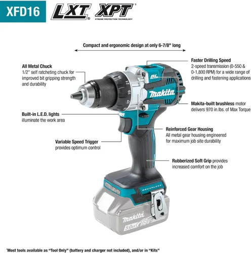 Vista 2 de Makita XFD16T 18V LXT Kit de taladro de 1/2" inalámbrico de iones de litio sin escobillas (5.0Ah)
