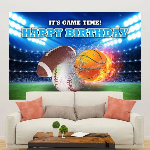 Vista 5 de Ticuenicoa Telón de fondo de cumpleaños deportivo de 5 x 3 pies para niños, fútbol, baloncesto, béisbol, cumpleaños, fondo de cumpleaños para niños