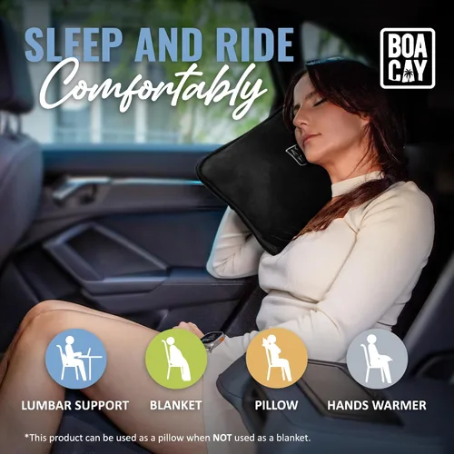 Vista 6 de BOACAY - Manta de viaje suave y cálida para avión y automóvil - Esencial para vuelos largos para mujeres, hombres, niños - Almohada compacta