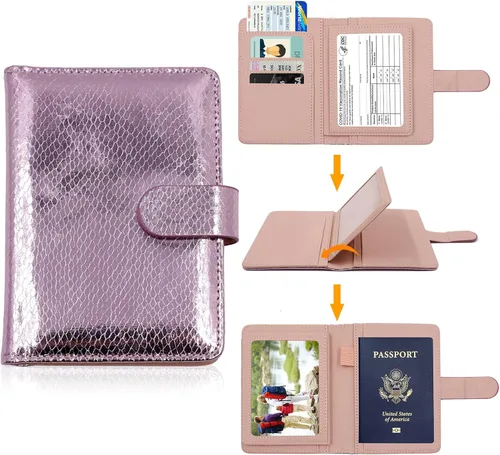 Vista 2 de Cnycmy Soporte para pasaporte y tarjetero de vacunación, para mujer, soporte para pasaporte RFID con ranura para tarjeta de vacuna, impermeable